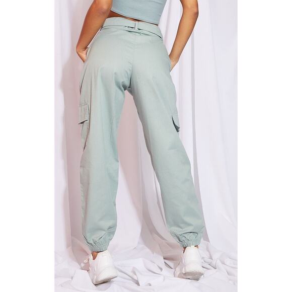 XS NWT Prettylittlething Sage Mint Green Eyelet Belted Cargo Pants High Rise - Picture 6 of 6